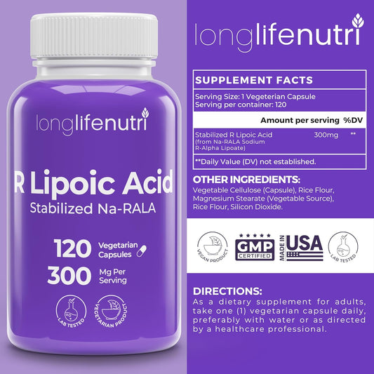 Stabilized R-Alpha Lipoic Acid 300Mg – High Potency Na-Rala Supplement For Cellular Energy & Metabollic Function, 120 Vegetarian Capsules, 4-Month Supply, Gmp Certified, Made In Usa
