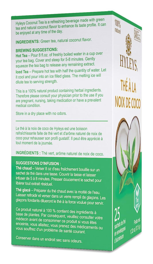 Hyleys Wellness Natural Coconut With Green Tea - 25 Tea Bags (Gmo Free, Gluten Free, Dairy Free, Sugar Free & 100% Natural)