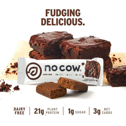 No Cow High Protein Bars, Chocolate Fudge Brownie - Healthy Snacks, 20G Vegan Protein, High Fiber, Low Sugar, Keto Friendly, Dairy & Gluten Free (12 Count)