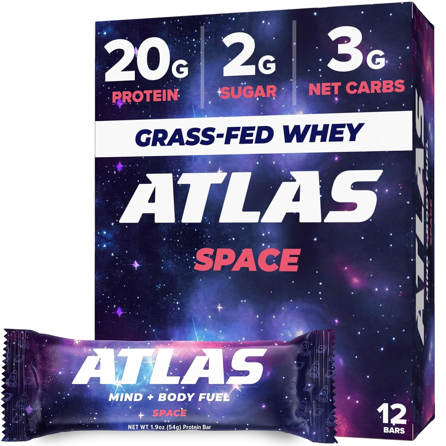 Atlas Protein Bar, 20G Protein, 1G Sugar, Clean Ingredients, Gluten Free (Space, 12 Count (Pack Of 1))