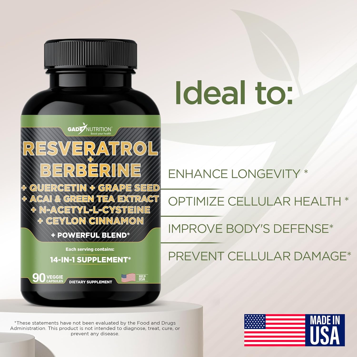 Gade Nutrition Resveratrol Berberine Quercetin Grape Seed Extract Green Tea Extract N-Acetyl Cysteine - 14 In 1 Complex Supplement For Women & Men With Potent Antioxidants - Made In Usa : Health & Household