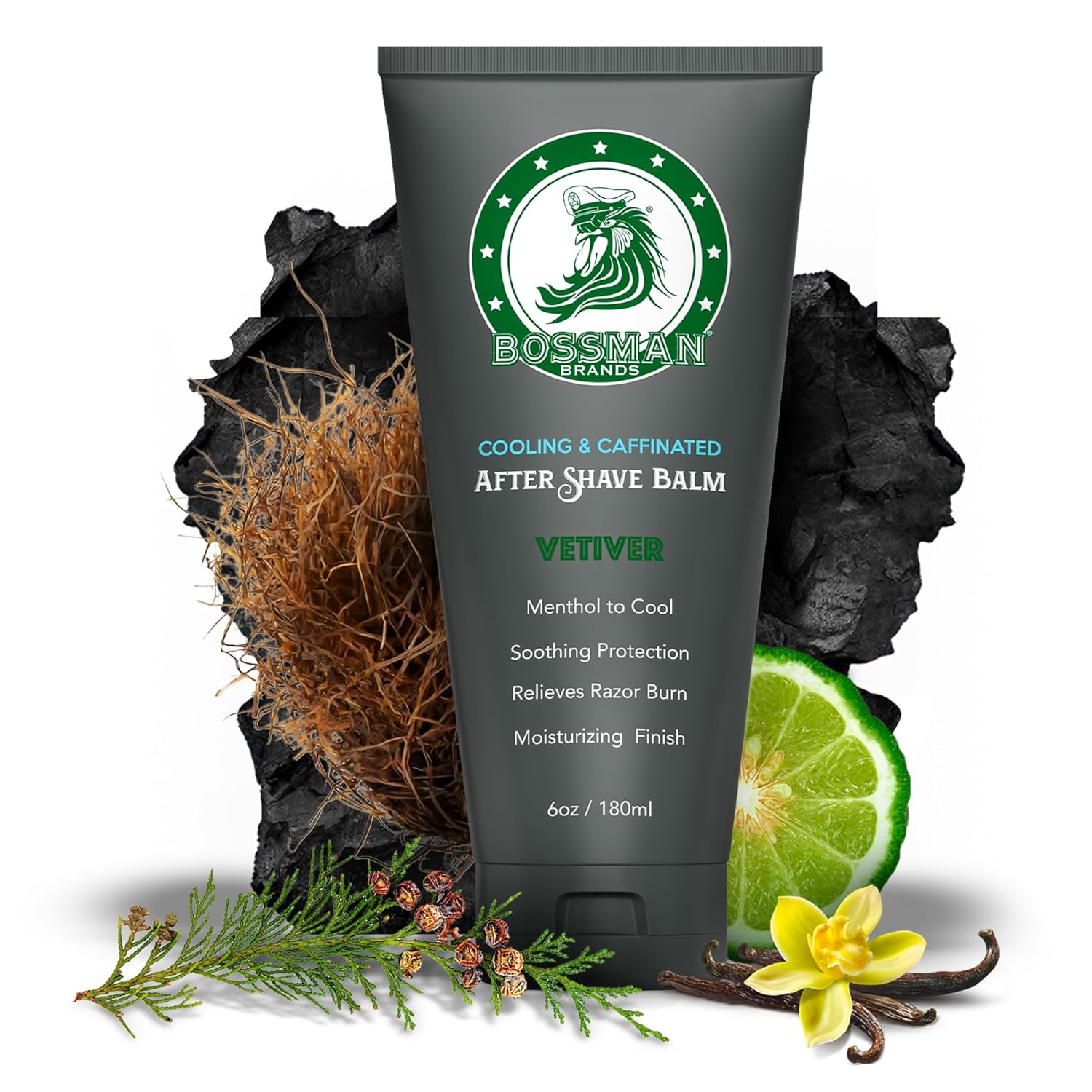 Bossman Cooling & Caffeinated After Shave Balm For Men – Soothes & Protects With Menthol, Caffeine & Tea Tree – Vetiver X Scent