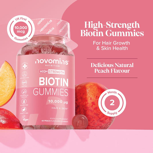 Biotin Gummies - 10,000 Mcg - 60-Day Supply - Hair Vitamins –- Vegan - Chewable Hair Vitamins – Anti Hair Loss And Thinning Supplement – Hair Gummies For Hair Growth - Made By Novomins
