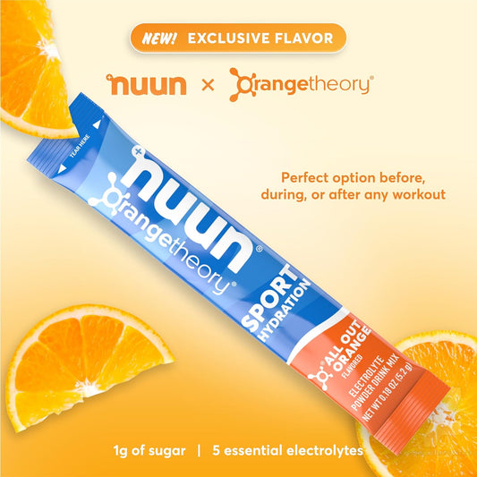 Nuun Sport Electrolyte Powder Packets - All Out Orange | 5 Essential Electrolytes For Hydration | Exclusive Orangetheory Fitness Flavor | 1G Sugar | Non Gmo, Vegan | 16 Single Serving Sticks