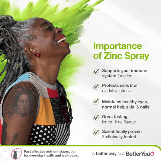 Betteryou Zinc Oral Spray Supplement, Fast Acting Zinc Bisglycinate Chelate Supplement For Immune System Support, 1-Month Supply, Made In The Uk, Natural Lemon And Lime Flavour