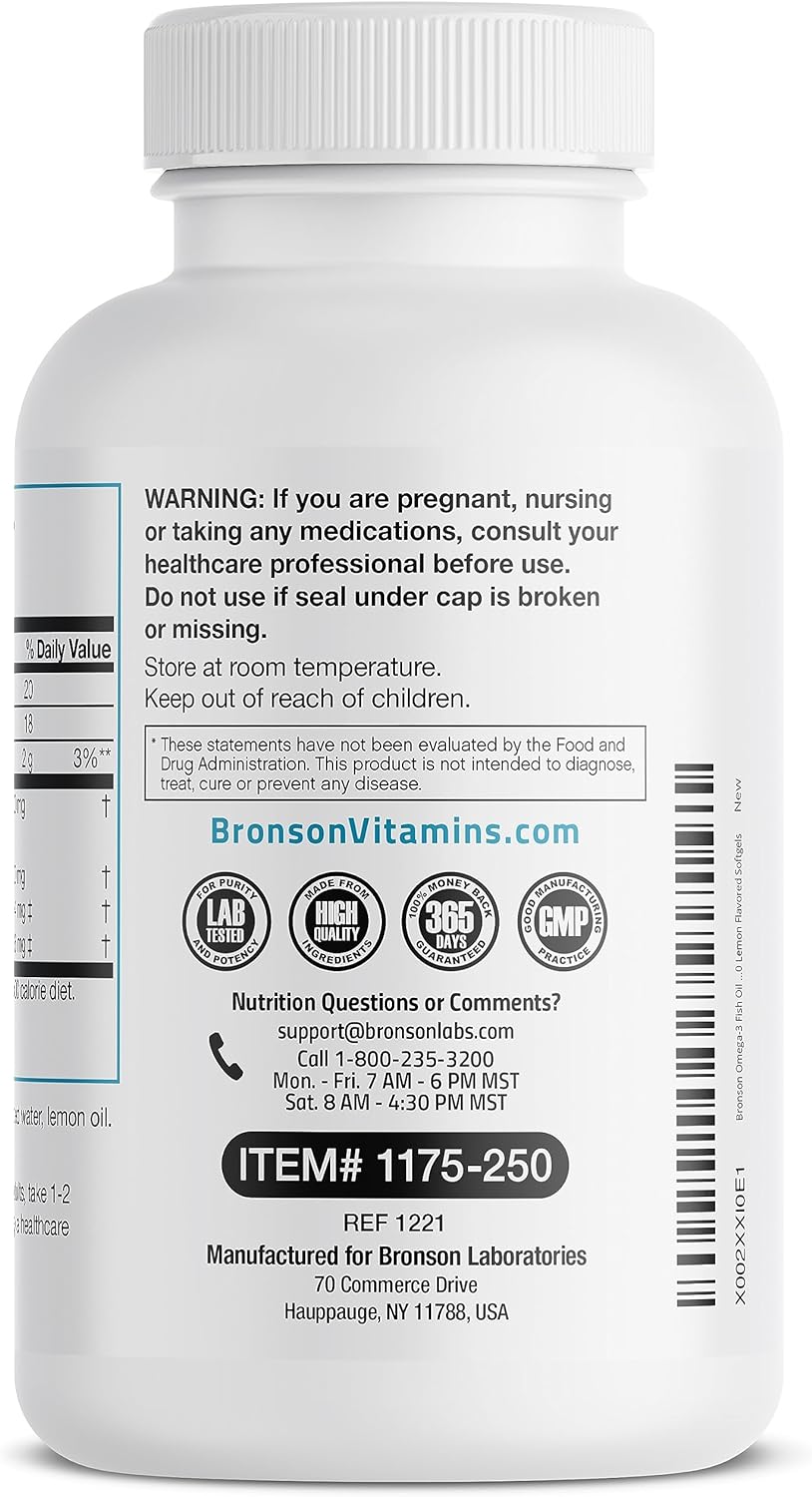 Bronson Omega-3 Fish Oil 1000 MG, Joint & Brain Health - Heavy Metal Tested Non GMO, 250 Softgels : Health & Household