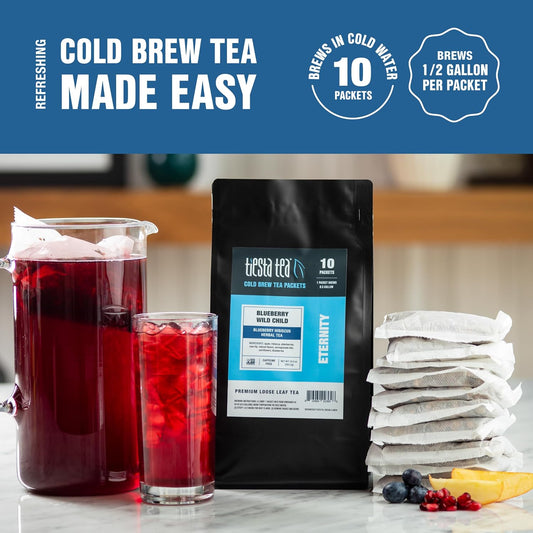 Tiesta Tea - Blueberry Wild Child Cold Brew | Blueberry Hibiscus Herbal Tea | Loose Leaf Iced Tea Blend | Non Caffeinated Iced Tea | 10 Cold Brew Tea Packets - Brews 1 Family-Sized Pitcher Each