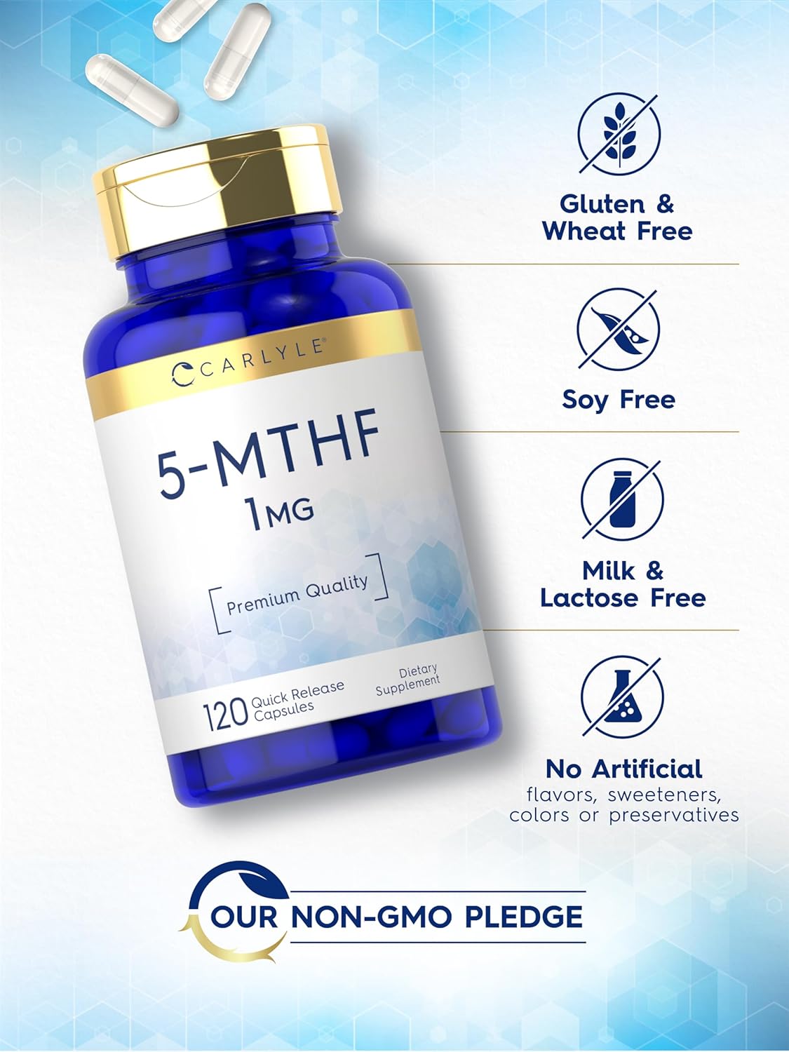 Carlyle 5-MTHF L Methylfolate 1mg | 120 Capsules | Non-GMO, Gluten Free | Premium Quality : Health & Household