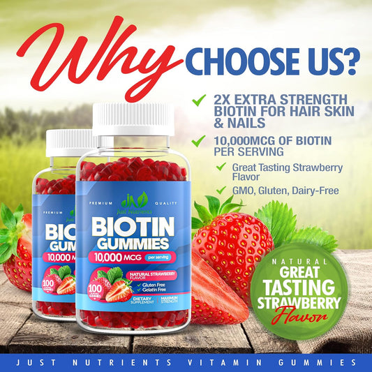 Biotin 10,000Mcg Gummies For Women & Men (100 Count) - 2X Extra Strength Biotin For Hair Growth, Skin & Nails - Gluten-Free, Vegan, Non-Gmo, Great Tasting Strawberry Flavor - 100 Gummies