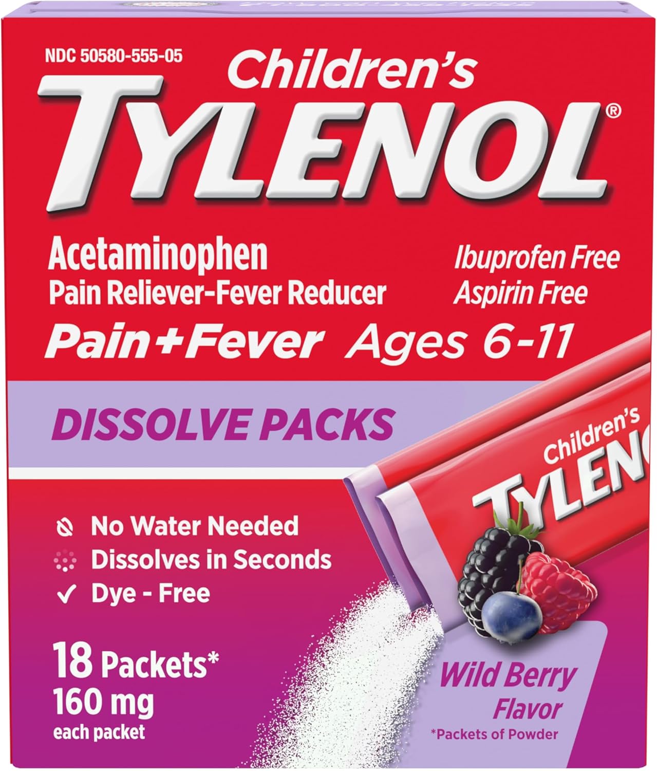 Tylenol Children'S Dissolve Packs With 160 Mg Acetaminophen Pain Reliever & Fever Reducer, Kids' Powder Packets For Cold & Flu Symptom Relief, Ibuprofen- & Dye-Free, Wild Berry, 18 Ct