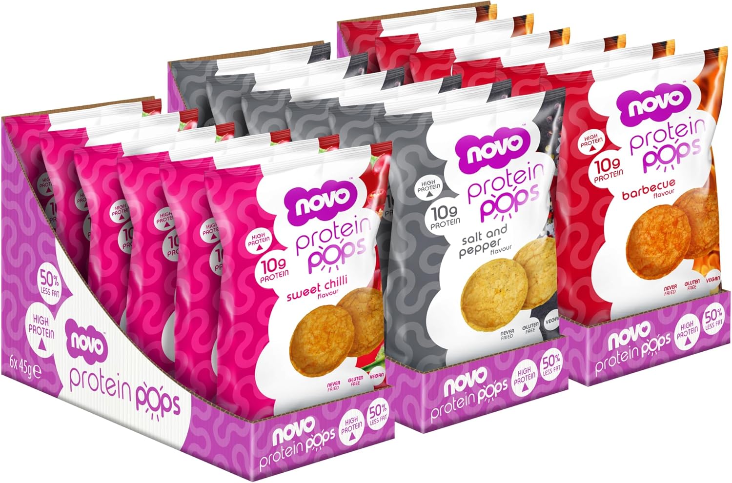 Novo Nutrition | Protein Pops | Healthy Savoury Snack With High Protein, Low Sugar And High Fibre | Pack Of 6 X 45G (Salt And Pepper)