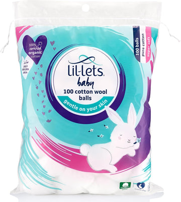 Lil-Lets Baby Cotton Wool Balls, 100 Count, Certified Organic, 100% Pure Cotton Wool, Super Soft, Large Puffs, Gentle on Baby's Delicate Skin, Dermatologically Tested, Ideal for Newborns