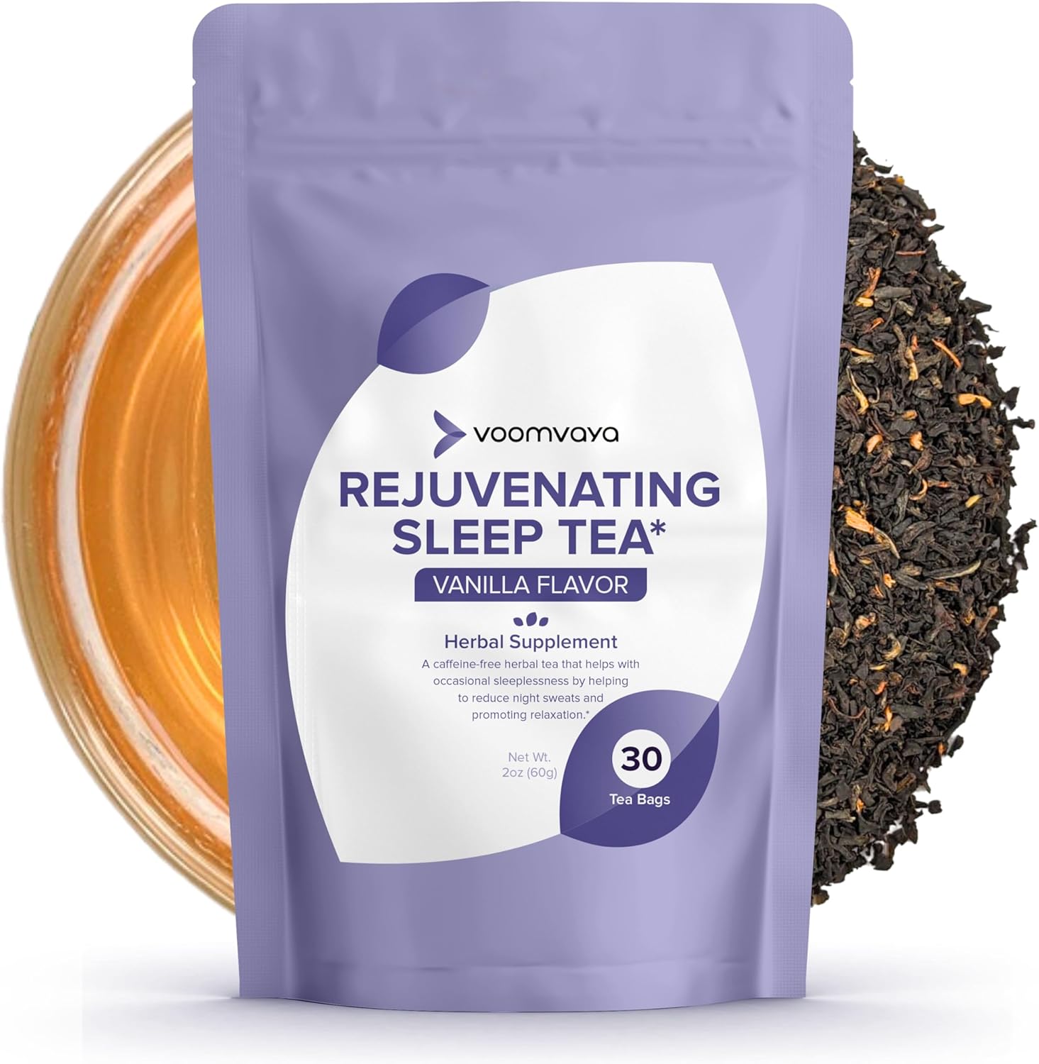 Voomvaya Rejuvenating Sleep Tea - Valerian Root Tea - Herbal Sleep Supplement For Menopause With Valerian Root, Lavender & Chamomile - Alleviates Hot Flashes, Night Sweats - 30 Teabags