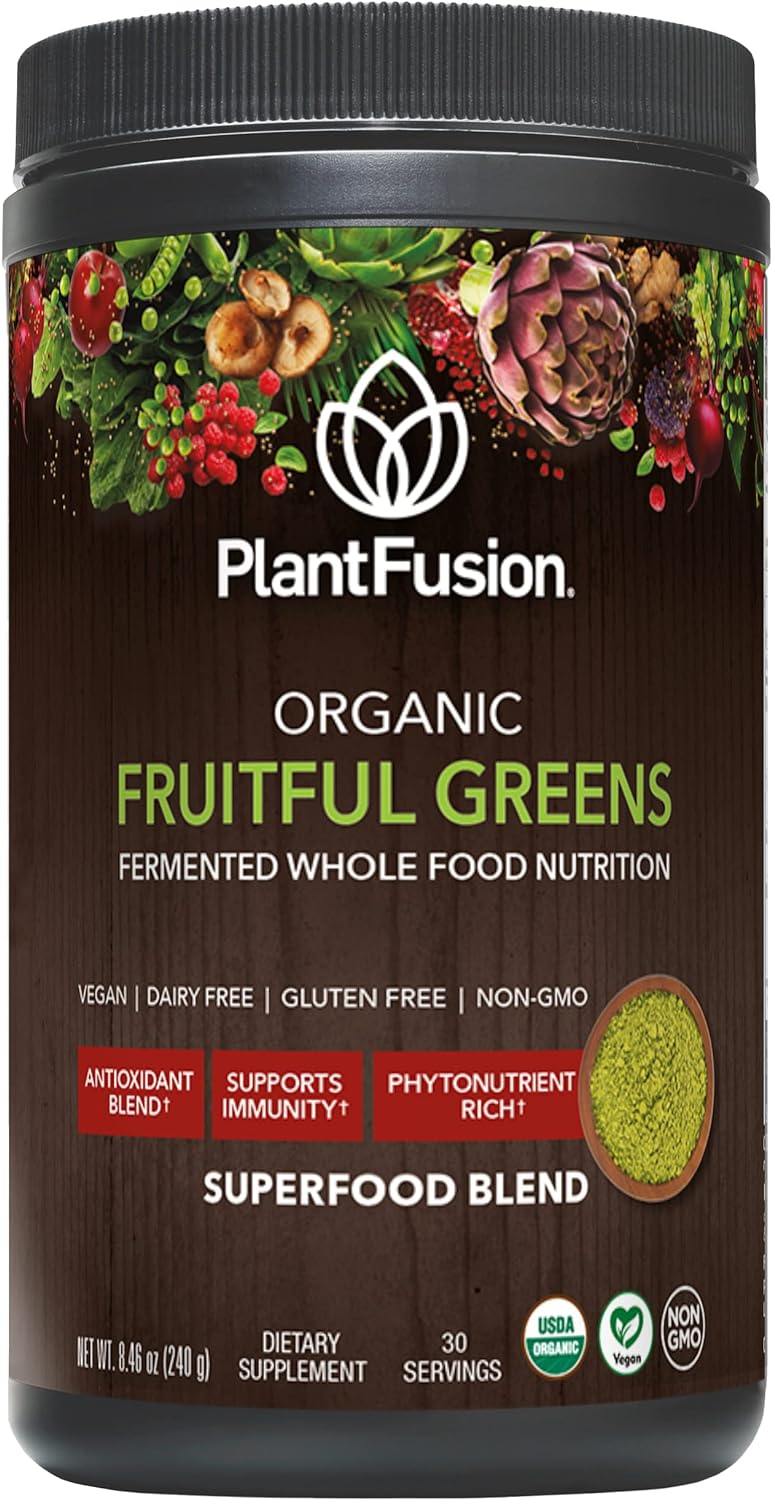 PlantFusion Fruitful Super Greens Powder - Fermented Juice Powder Blend with Digestive Enzymes Probiotics & Prebiotic Fiber - Organic, Non-GMO, Vegan, Gluten-Free - 8.46 oz 30 Servings