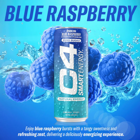 C4 Smart Energy Drink – Boost Focus And Energy With Zero Sugar, Natural Energy, And Nootropics - 200Mg Caffeine - Blue Raspberry (12Oz Pack Of 12)