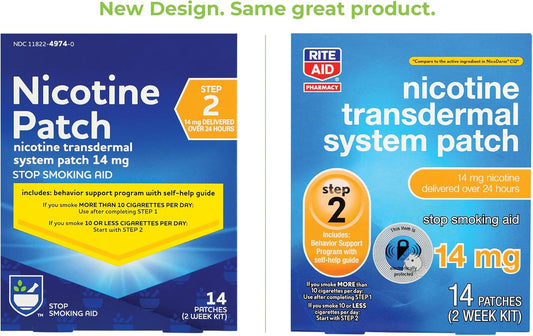 Rite Aid Nicotine Transdermal System Patch, Step 2, 14Mg - 14 Ct, Nicotine Patches Step 2 | Quit Smoking, Quit Smoking Aid | Nicotine Patch | Bonus Behavioral Support Program Information Included