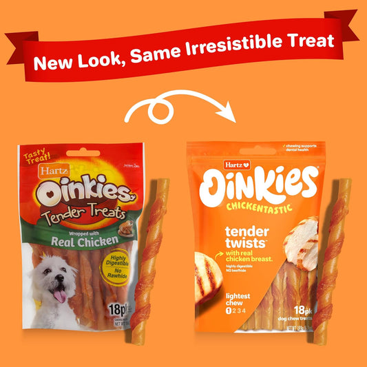 Hartz Oinkies Rawhide-Free Tender Treats Wrapped with Chicken Dog Treats Chews, 18 Count, Highly Digestible, No Artificial Flavors, Perfect for Smaller and Senior Dogs(Packaging May vary)