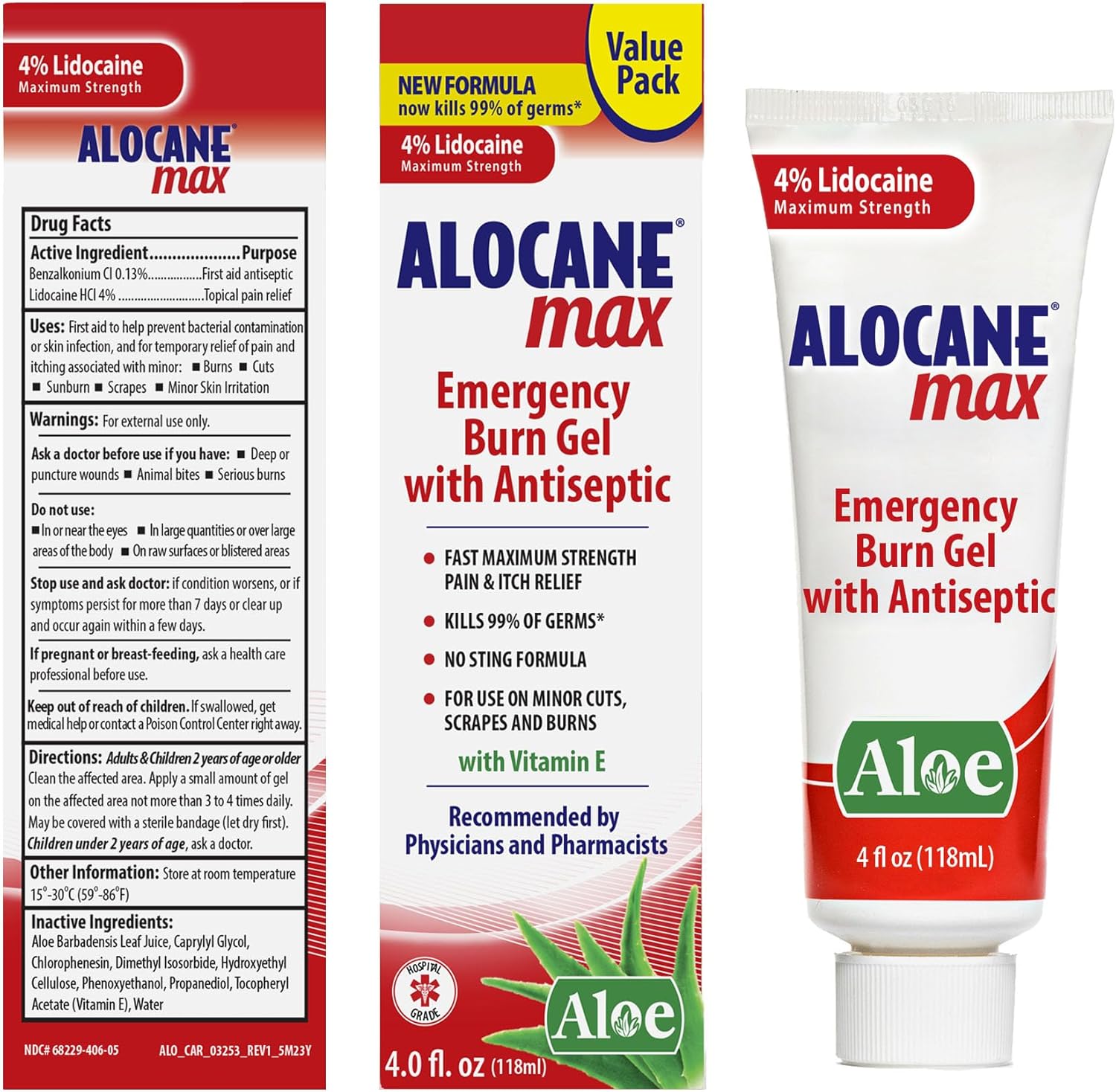 Alocane Max Emergency Burn Gel, 4% Lidocaine Hydrochloride, .13% Benzalkonium Chloride, Maximum Strength Relief, Itch Relief, For Sunburns, Kitchen, Radiation, Chemical, First-Degree Burns, 4 Fl Oz : Health & Household