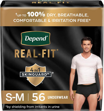 Depend Real Fit Incontinence Underwear For Men, Disposable, Maximum Absorbency, Small/Medium, Black, 56 Count (2 Packs Of 28), Packaging May Vary