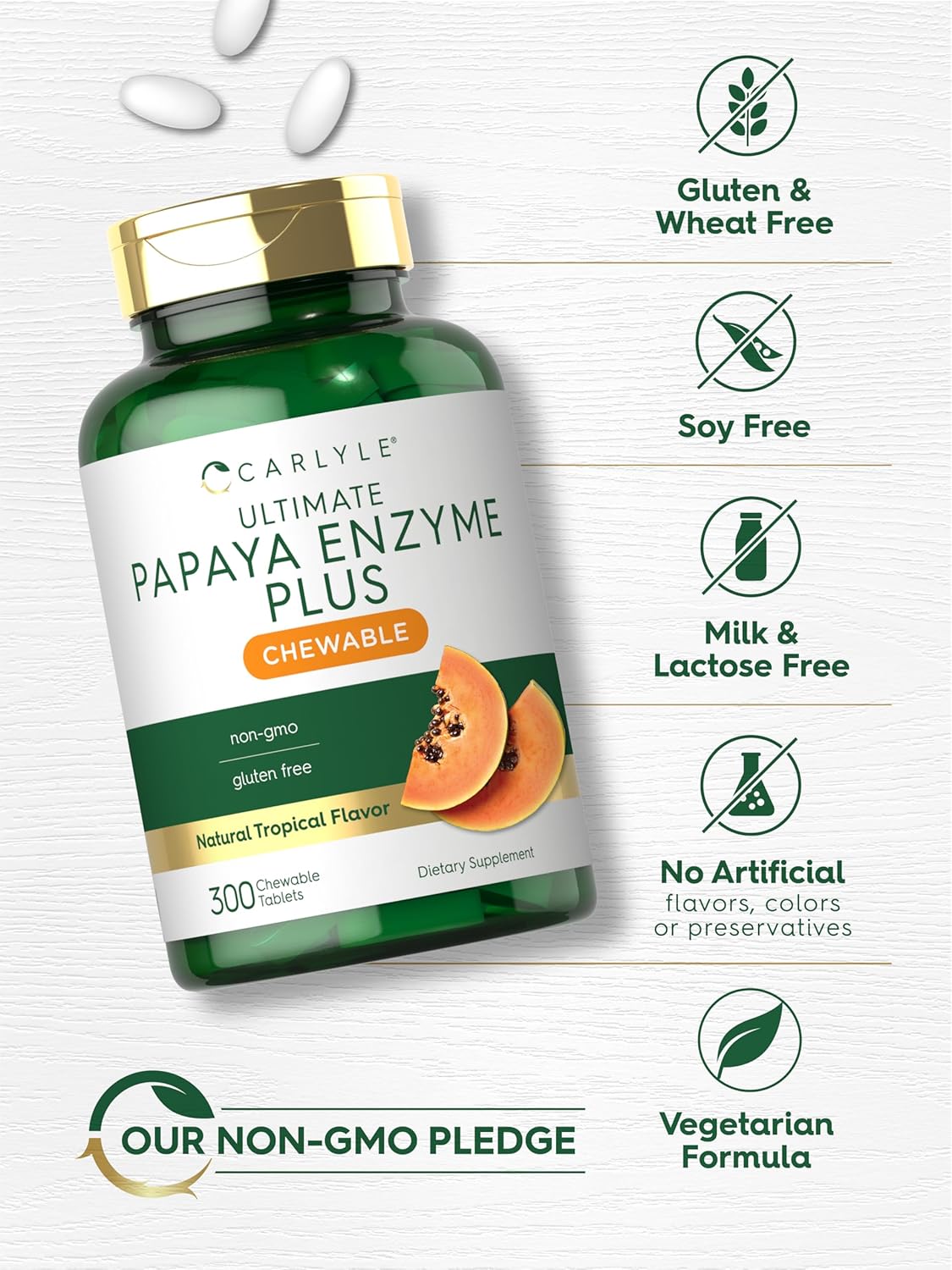 Carlyle Papaya Enzyme Chewable Tablets | Vegetarian, Non-GMO, Gluten Free Formula | Tropical Flavor : Health & Household