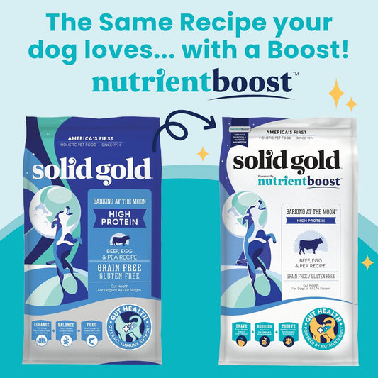 Solid Gold Dry Dog Food w/Nutrientboost for Adult & Senior Dogs - Made with Real Beef, Egg, and Pea - Barking at The Moon High Protein Dog Food for Energy, Digestive and Immune Support - 22 LB Bag
