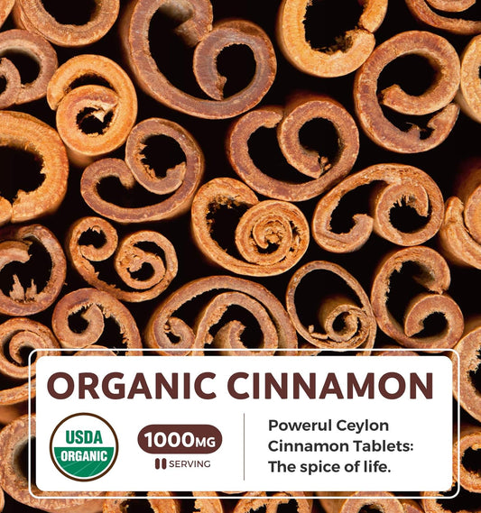 USDA Organic Ceylon Cinnamon (120 Tablets) 1000mg Cinnamon Quill Powder per Serving - Natural Cinnamon Supplements for Effective Metabolism, Cognative, Joint, Immune Support - (No Capsules or Pills)