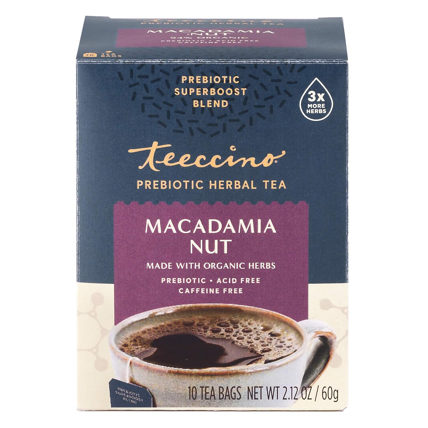 Teeccino Macadamia Nut - Prebiotic Superboost™ Herbal Tea - Support Your Probiotics With Vegan Gos & Organic Xos For Good Gut Health - Digestive Dessert Tea, 10 Tea Bags