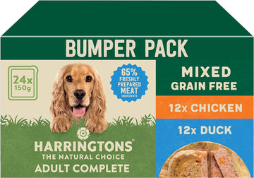 Harringtons Complete Wet Tray Grain Free Hypoallergenic Adult Dog Food Mixed Pack 24x150g - Chicken & Duck - Made with All Natural Ingredients?HARRWBUMP-C150