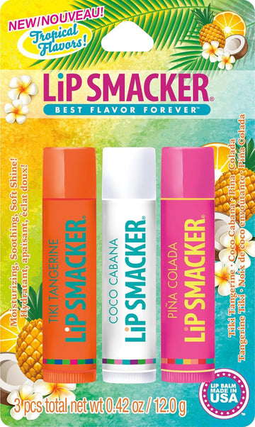 Lip Smackers Flavored Lip Balm Tropical Fever, Tiki Tangerine, Coco Cabana, Pina Colada, Set Of 3, Clear, For Kids, Men, Women