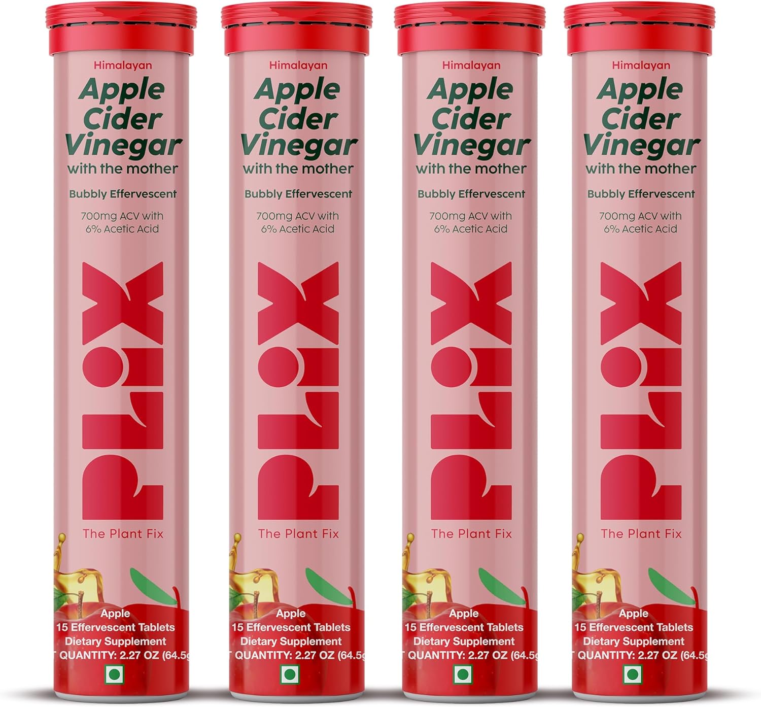 Plix Apple Cider Vinegar Effervescent Tablets With The Mother, 700Mg Acv With Vit B12, B6, Pack Of 4 | Vegan, No Added Sugar, Non-Gmo & Gluten-Free