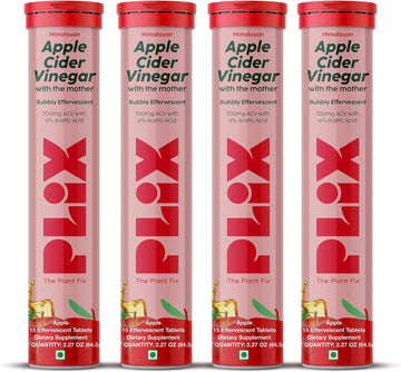 Plix Apple Cider Vinegar Effervescent Tablets With The Mother, 700Mg Acv With Vit B12, B6, Pack Of 4 | Vegan, No Added Sugar, Non-Gmo & Gluten-Free