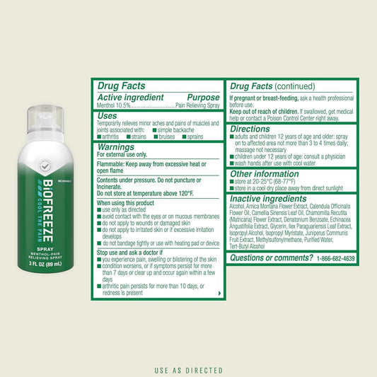 Biofreeze Menthol Spray 3 FL OZ Colorless Aerosol Spray Associated with Sore Muscles, Arthritis, Simple Backaches, and Joint Pain (Packaging May Vary) (1)