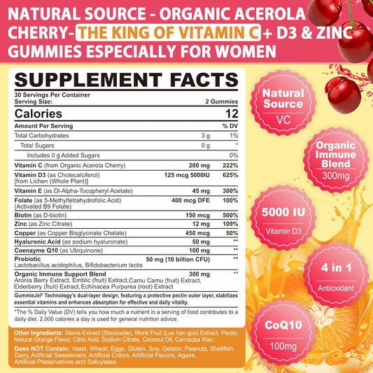 Vitamin C D3 5000Iu Zinc Gummies Tailored For Women, Elderberry, Echinacea For Immune, Folate, Hyaluronic Acid, Copper, Vit E For Beauty, Coq10 For Energy, Overall Health, Sugar Free,Chewable, Natural