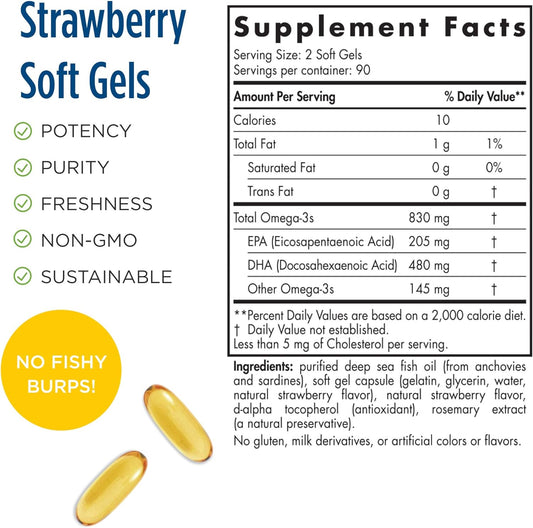 Nordic Naturals DHA, Strawberry - 180 Soft Gels - 830 mg Omega-3 - Hig