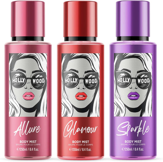 Hollywood - Body Mist Fragrance Spray - 3 Pack (Glamour, Sparkle, Allure) - 750Ml