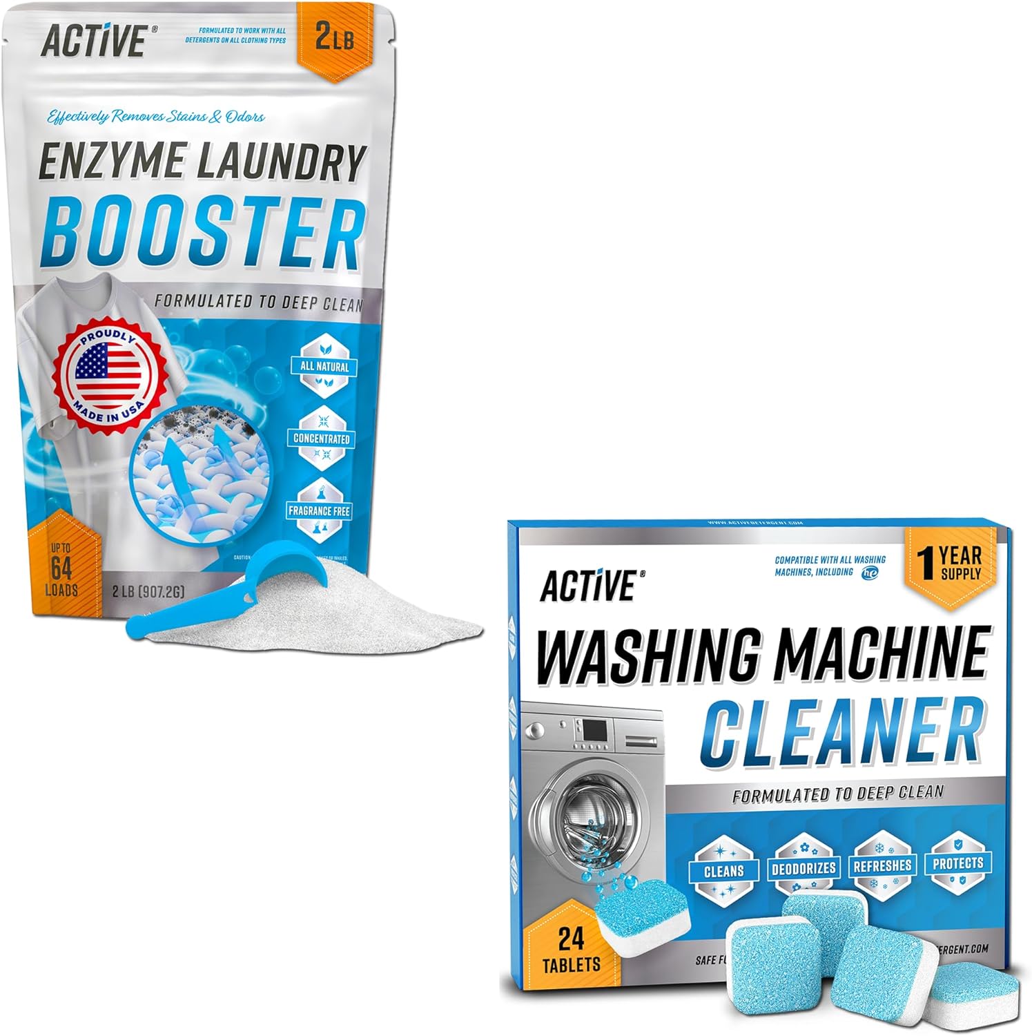 ACTIVE Enzyme Laundry Booster and Washing Machine Cleaner - Includes 2lbs Detergent Boosting Powder and 24ct Washing Machine Cleaning Tablets