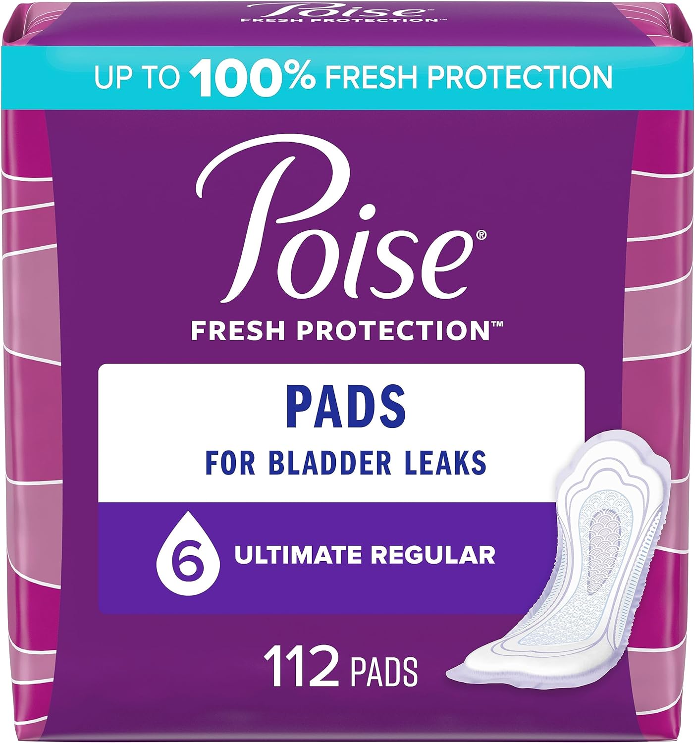 Poise Incontinence Pads & Postpartum Incontinence Pads, 6 Drop Ultimate Absorbency, Regular Length, 112 Count (2 Packs of 56), Packaging May Vary