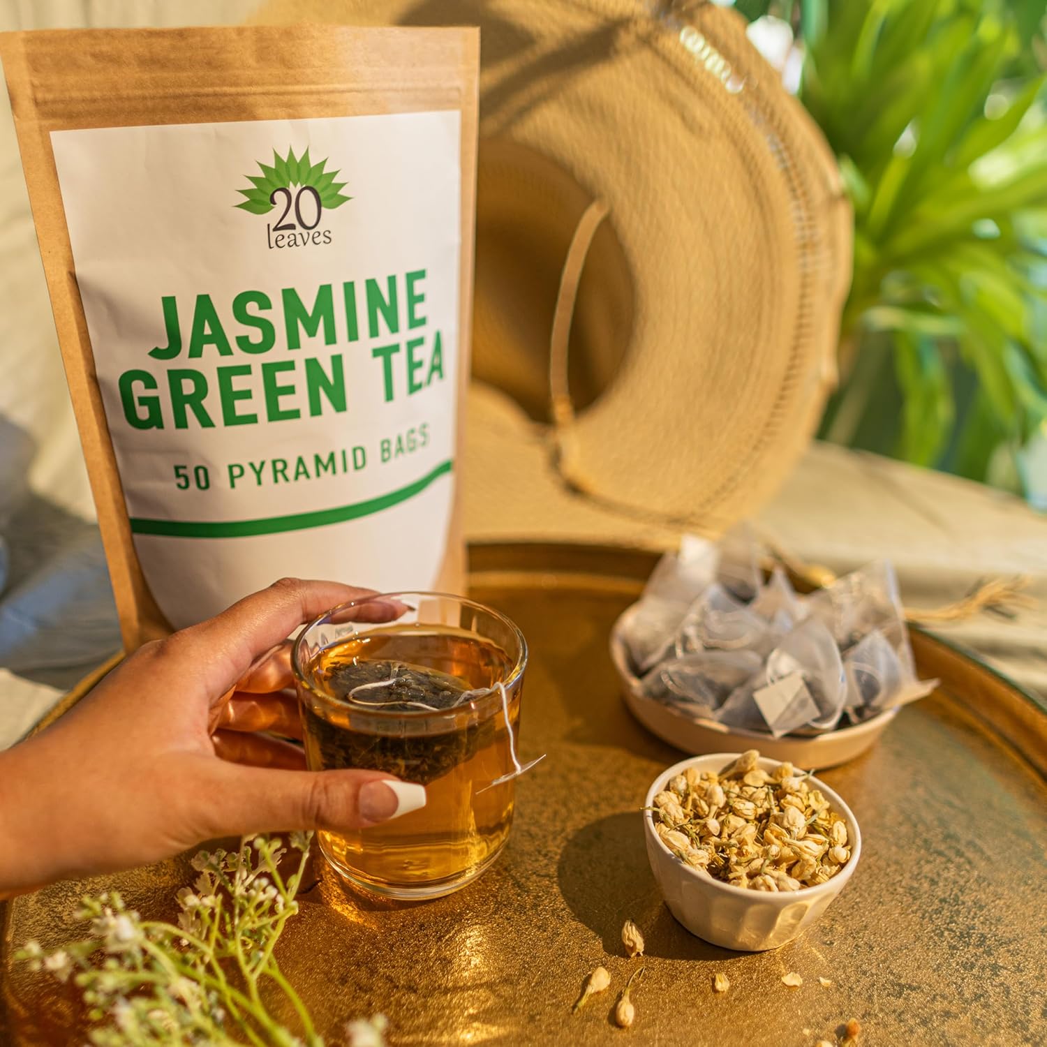 Jasmine Green Tea - Hot Tea - 50 Pyramid Tea Bags Sachets In A Resealable Bag
