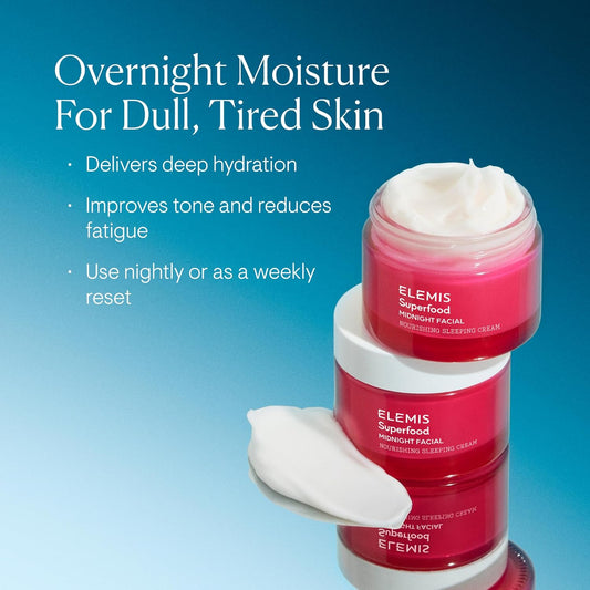 Elemis Superfood Midnight Facial Cream & Facial Oil, Nourishing Prebiotic Night Gel Treatment, Moisturising And Hydrating Care With Anti-Oxidant Rich Formula To Plump And Smooth Skin