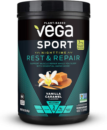 Vega Nighttime Rest & Repair Protein Powder, Vanilla Caramel - 18g Vegan Plant Protein, 3mg Melatonin, Magnesium for Women & Men, 14.2 oz (Packaging May Vary)