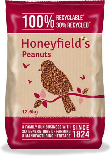 Peanuts for Wild Birds - Wild Bird Food for Small Birds, High in Protein and Energy, No Mess, Great for Hanging Feeders, Bird Tables, and Ground Feeding, Bulk Bag (12.6kg) - Honeyfield’s?71050012