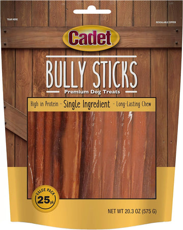 Cadet Bully Sticks for Small Dogs – All-Natural Beef Pizzle, High Protein, Low Fat, Long-Lasting, Grain & Rawhide-Free Dog Chews for Aggressive Chewers, Small (25 Count)