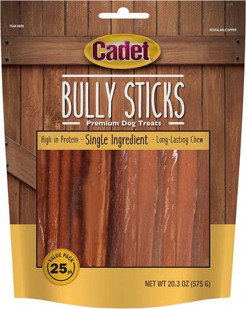 Cadet Bully Sticks For Small Dogs – All-Natural Beef Pizzle, High Protein, Low Fat, Long-Lasting, Grain & Rawhide-Free Dog Chews For Aggressive Chewers, Small (25 Count)