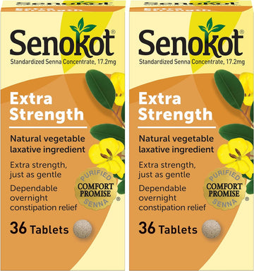 Senokot Extra Strength Natural Vegetable Laxative For Gentle Overnight Relief Occasional Constipation, 36 Count (Pack Of 2)