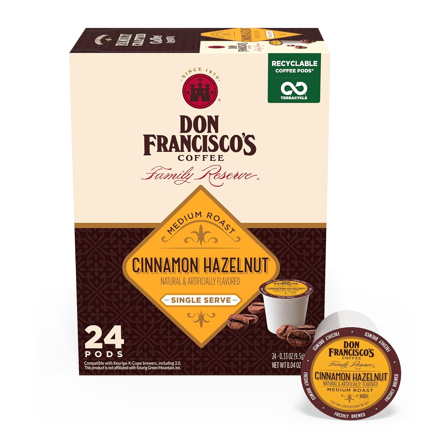 Don Francisco's Cinnamon Hazelnut Flavored Medium Roast Coffee Pods - 24 Count - Recyclable Single-Serve Coffee Pods, Compatible with your K- Cup Keurig Coffee Maker