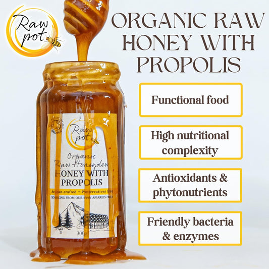 RAW POT - ORGANIC HONEYDEW HONEY WITH PROPOLIS - Natural Raw Pure Unpasteurised Honey Rich in Antioxidants for Immunity Support, Skin, Digestive Health | Smooth and Silky | For Kids And Adults (300g)