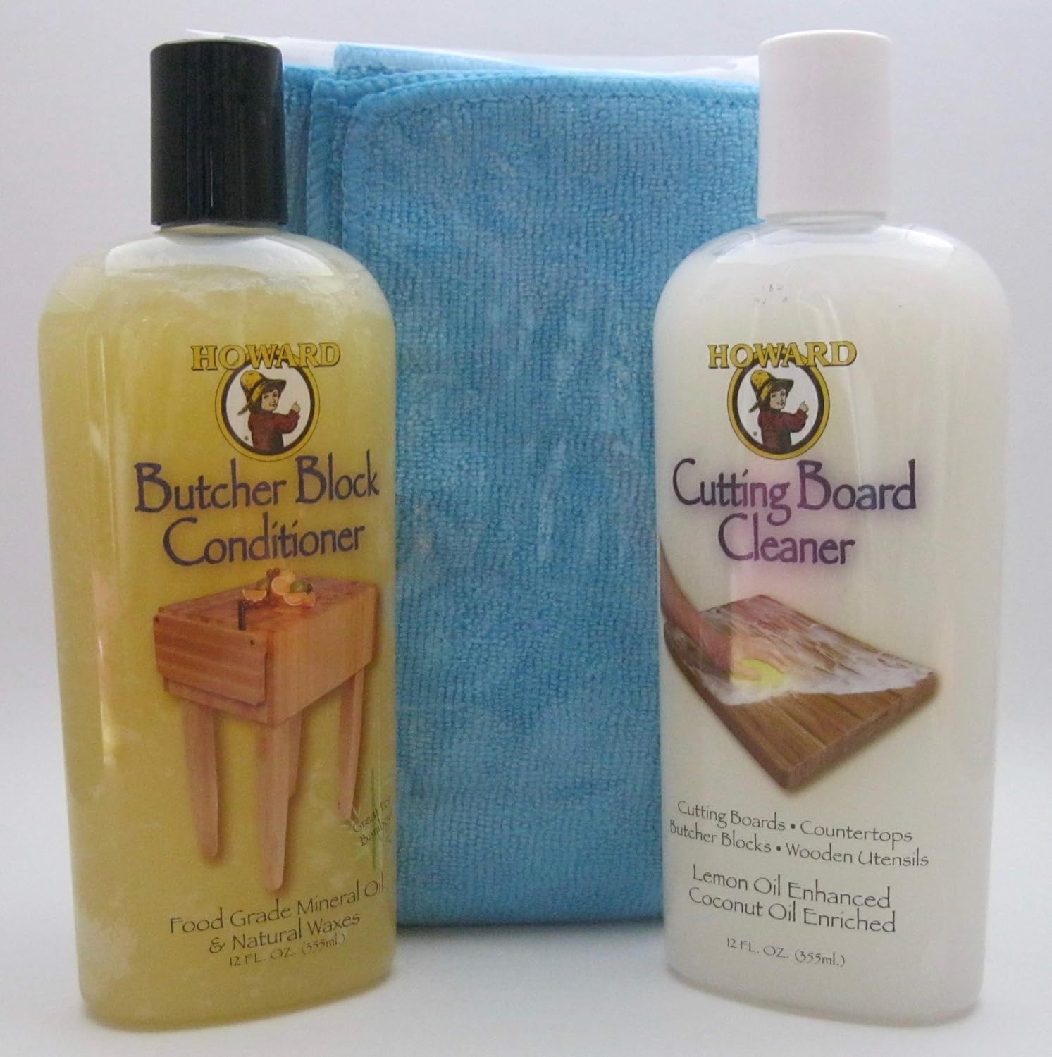 Howard Butcher Block Conditioner and Cutting Board Cleaner Bundle with Microfiber Cloth (Blue)