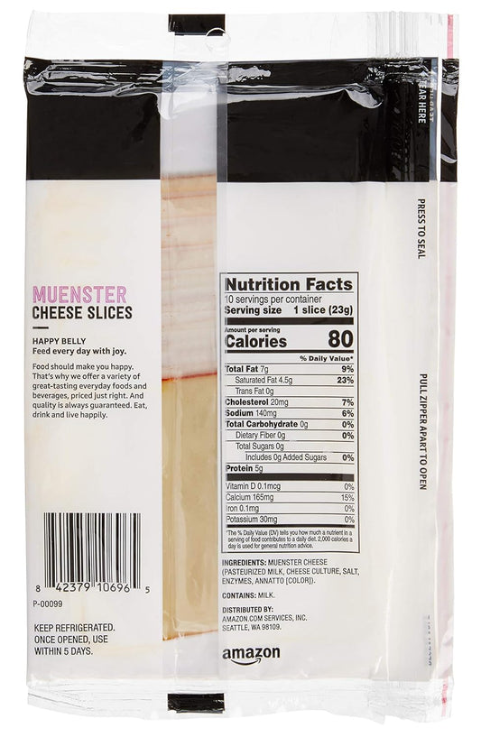 Amazon Brand - Happy Belly Sliced Muenster Cheese, 10 Slices, 8 Ounce (Pack Of 1)