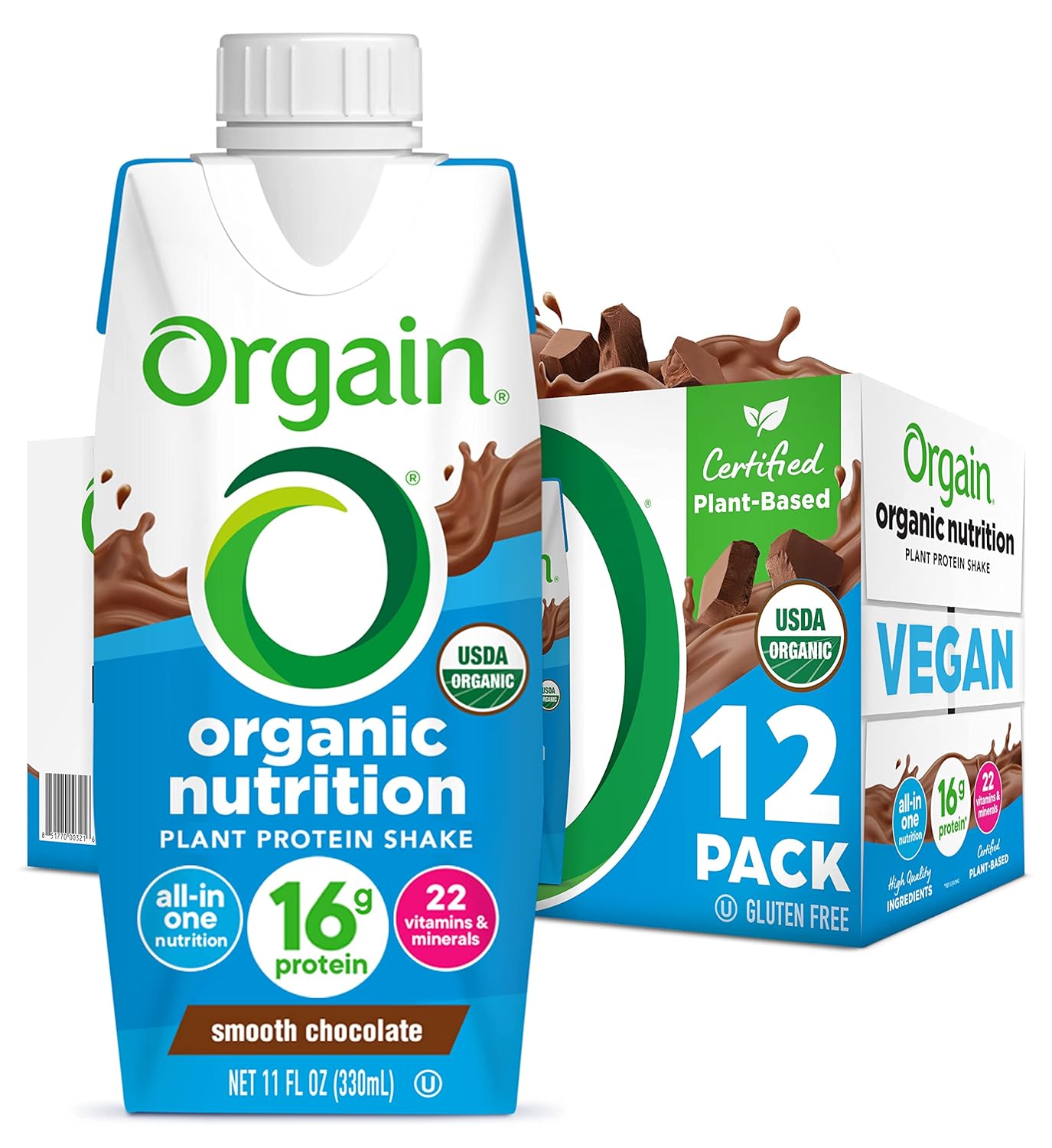 Orgain Organic Nutritional Vegan Protein Shake, Smooth Chocolate - 16G Plant Based Protein, Meal Replacement, 22 Vitamins & Minerals, Fruits & Vegetables, Gluten Free, Non-Gmo, 11 Fl Oz (Pack Of 12)