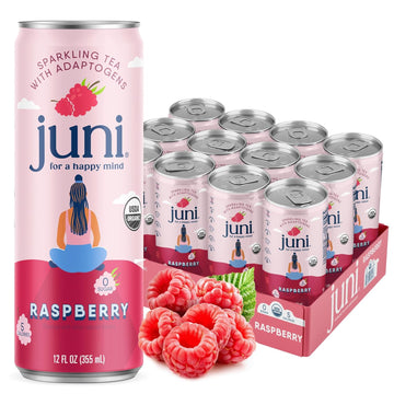 Juni Sparkling Tea With Adaptogens, Zero Sugar, 5 Calories, Organic Adaptogen Drink With Natural Caffeine From Green Tea, Vegan, Raspberry, 12 Fl Oz Cans (12-Pack)